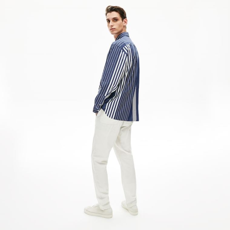 Lacoste Variegated-Stripe Relaxed Algodão Shirt Azul Marinho Azuis Branco | KhG20bAi