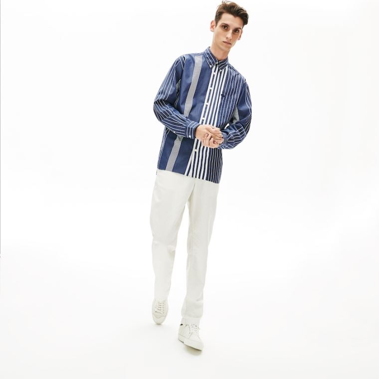 Lacoste Variegated-Stripe Relaxed Algodão Shirt Azul Marinho Azuis Branco | KhG20bAi