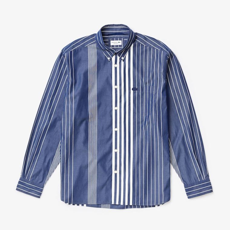 Lacoste Variegated-Stripe Relaxed Algodão Shirt Azul Marinho Azuis Branco | KhG20bAi