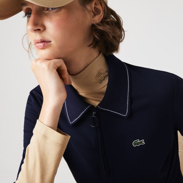 Lacoste Zippered Curta Stretch Algodão Piqué Polo Vestidos Azul Marinho Azuis Branco | PBuia2TF