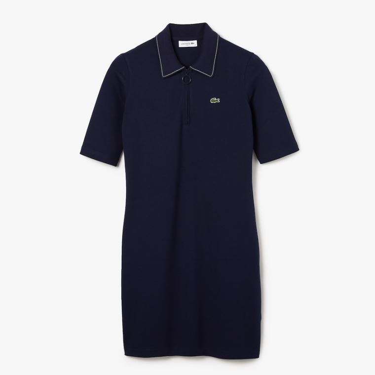 Lacoste Zippered Curta Stretch Algodão Piqué Polo Vestidos Azul Marinho Azuis Branco | PBuia2TF