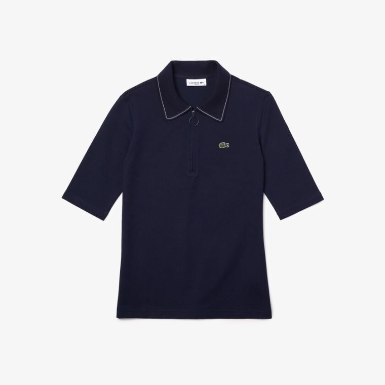 Lacoste Zippered Slim Fit Algodão Piqué Polo Shirt Azul Marinho Azuis Branco | 5KMNaQFI