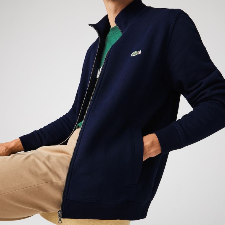 Lacoste Zippered Stand-Up Collar Piqué Fleece Jacket Azul Marinho Azuis | xmVy1AST